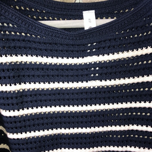 LULULEMON Cotton Crochet Mesh Pullover Sweater Navy Blue White Stripe XL NWT - Picture 7 of 14